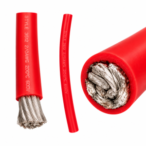 2/0 AWG tinned copper battery cable with red silicone insulation showing flexible stranded copper conductor